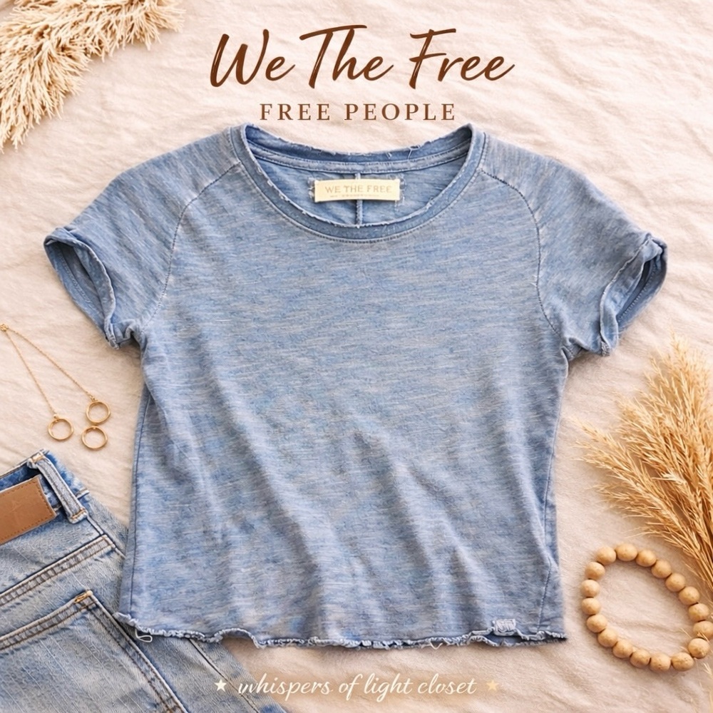 We The Free Free People Tee Blue Raw Hem Slub Knit Small